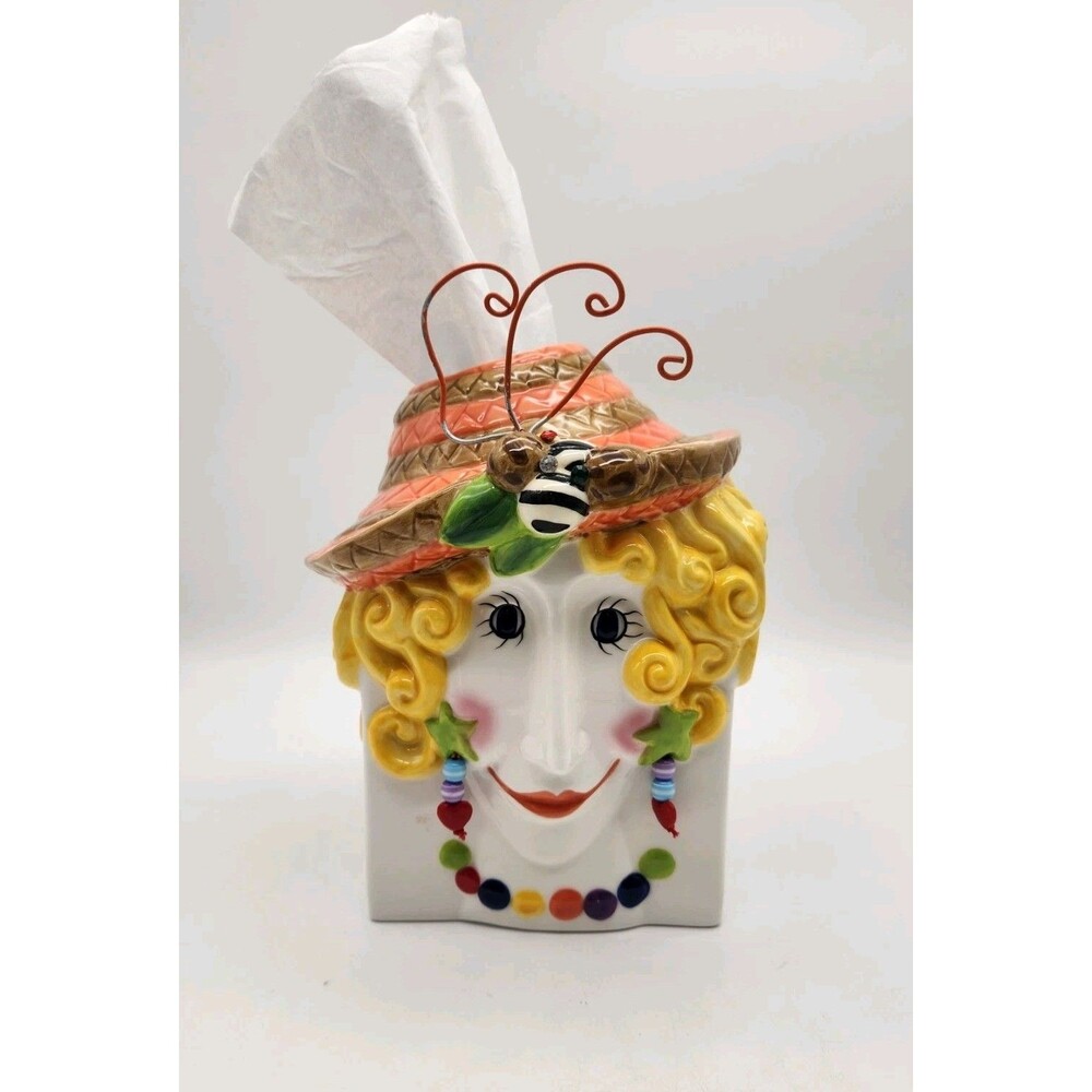 Vintage Lady Straw Hat with Bumble Bee,Earrings,White Ceramic Tissue Box Square